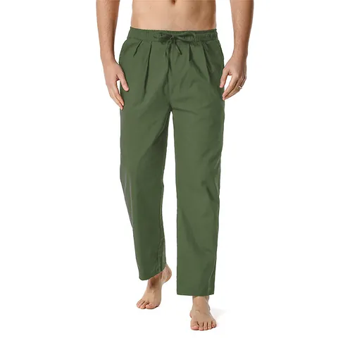 Men Casual Linen Cotton Blend Pants Elastic Waist Drawstring Straight Leg Trousers Solid Color Mid Waist Breathable Bottoms