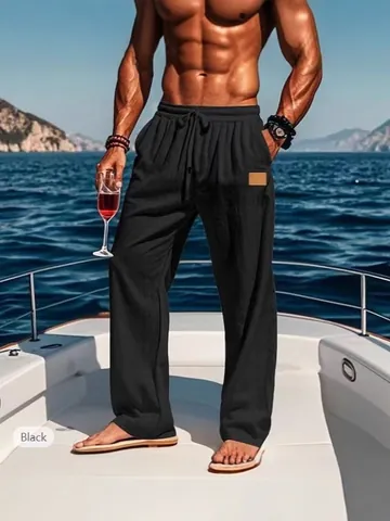 Men Casual Linen Blend Pants Drawstring Elastic Waist Straight Leg Breathable Trousers For Beach Holiday Outdoor Vacation Bottom