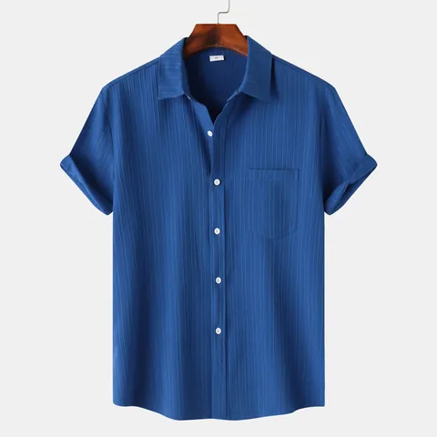 Men's Casual Short Sleeve Shirt Solid Color Lapel Collar Cotton Blend Seersucker Pleated Textured Top For Summer