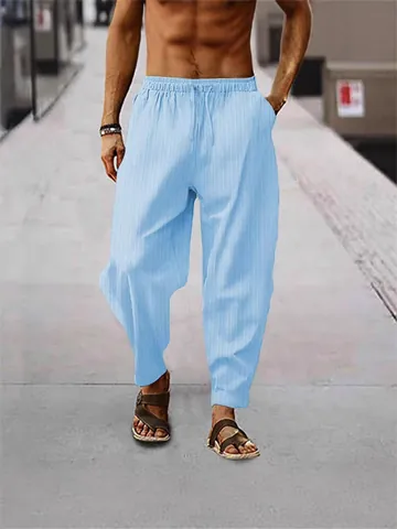 Ανδρικό Casual Παντελόνι από Μείγμα Λινού Ριγέ Hip Hop Αναπνεύσιμο Χαλαρό με Κορδόνι στη Μέση Μόδα Παντελόνι