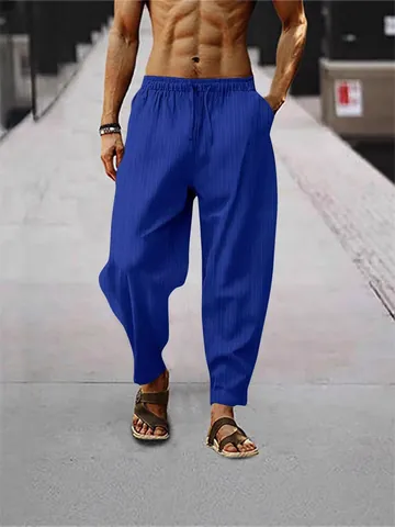 Ανδρικό Casual Παντελόνι από Μείγμα Λινού Ριγέ Hip Hop Αναπνεύσιμο Χαλαρό με Κορδόνι στη Μέση Μόδα Παντελόνι