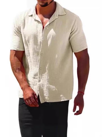 Camisa Casual de Verano para Hombre Mezcla de Algodón Arrugada Manga Corta Solapa con Botones Transpirable Color Sólido Top Ligero