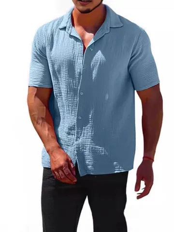 Camisa Casual de Verano para Hombre Mezcla de Algodón Arrugada Manga Corta Solapa con Botones Transpirable Color Sólido Top Ligero