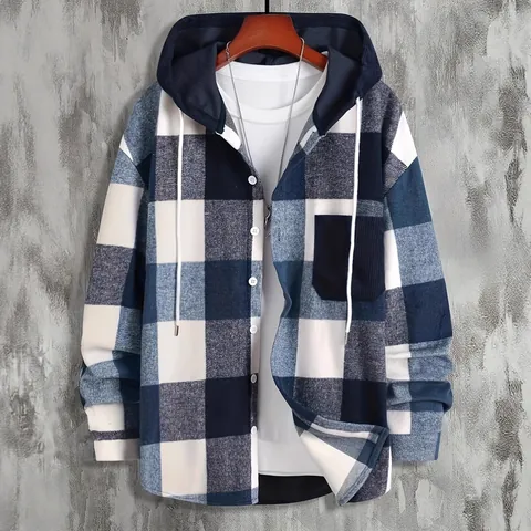Camisa con Capucha para Hombre Cuadros Franela Manga Larga Engrosada Cálida Invierno Casual Camisa Con Bolsillo Top