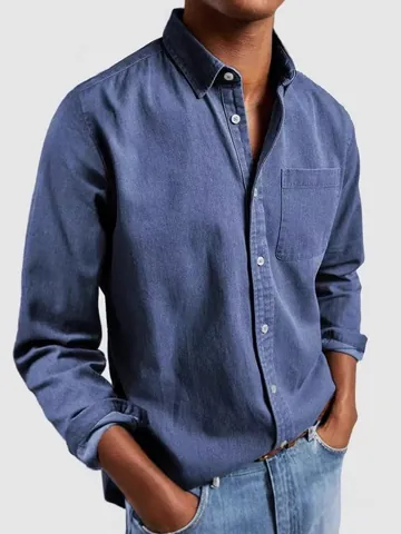 Camisa Casual de Manga Larga para Hombre Poliéster Esmerilado Color Sólido Cuello Vuelto Botón Top Negocios Ropa Retro