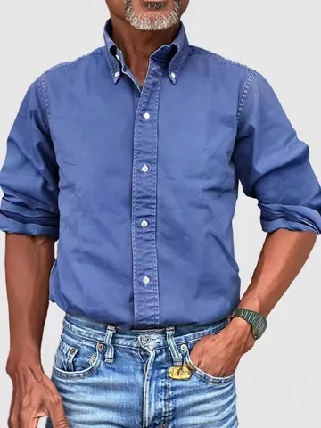 Chemise à Manches Longues pour Hommes en Polyester Brossé Couleur Unie Boutonnée Revers Décontracté Business Top Style Rétro Américain