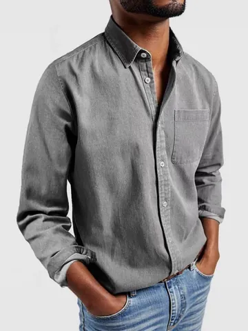 Camisa Casual de Manga Larga para Hombre Poliéster Esmerilado Color Sólido Cuello Vuelto Botón Top Negocios Ropa Retro