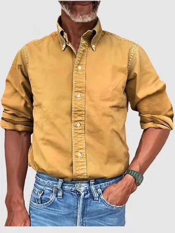 Chemise à Manches Longues pour Hommes en Polyester Brossé Couleur Unie Boutonnée Revers Décontracté Business Top Style Rétro Américain