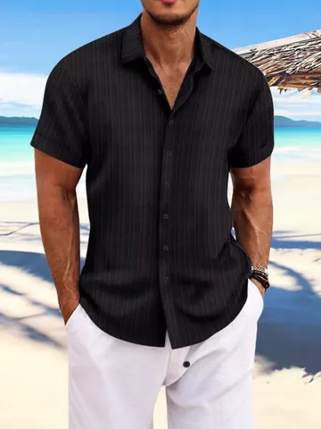 Camisa Casual de Manga Corta para Hombre Jacquard a Rayas Poliéster Aspecto Lino con Botones Cuello Solapa Corte Holgado Verano Playa Vacaciones
