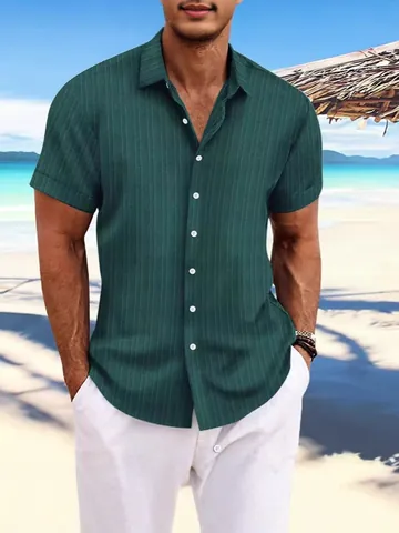 Camisa Casual de Manga Corta para Hombre Jacquard a Rayas Poliéster Aspecto Lino con Botones Cuello Solapa Corte Holgado Verano Playa Vacaciones