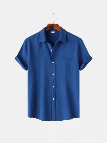 Camisa Casual de Manga Corta para Hombre Color Sólido Solapa Botones Top Con Bolsillo Poliéster Texturizado Moda Verano