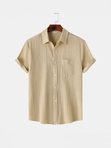Camisa Casual de Manga Corta para Hombre Color Sólido Solapa Botones Top Con Bolsillo Poliéster Texturizado Moda Verano