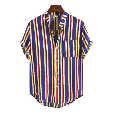 Men's Casual Cotton Striped Short Sleeve Shirt Stand Collar Hawaiian Ethnic Style Summer Printed Top