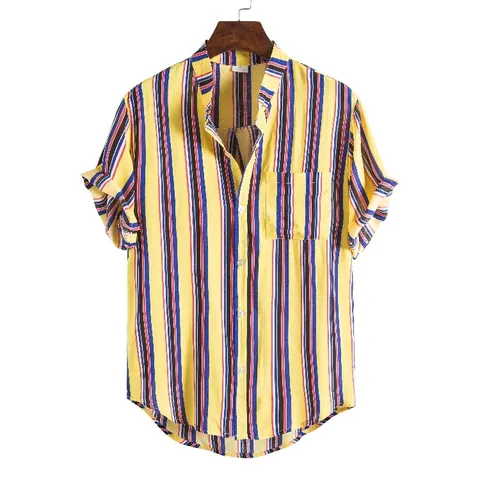 Men Vertical Striped Short Sleeve Shirt Cotton Casual Hawaiian Beach Button Down Shirt With Pocket For Summer Vacation