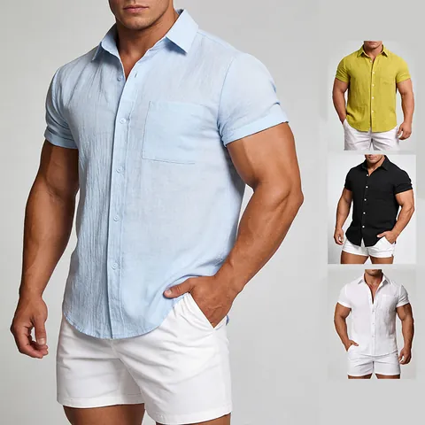 Chemise à Manches Courtes Décontractée pour Hommes Mélange de Coton Boutonnée Col à Revers Couleur Unie Top Avec Poche Poitrine