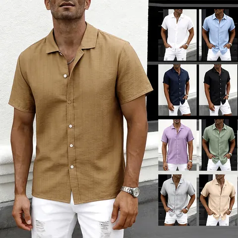 Camisa Casual de Manga Corta para Hombre Mezcla Algodón Poliéster Efecto Lino Texturizada Color Sólido Cuello de Solapa
