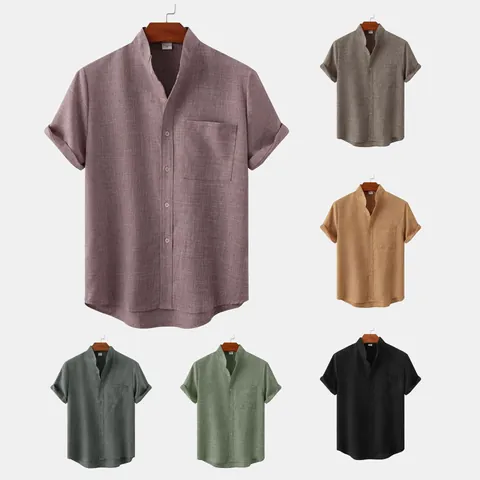 Men's Casual Short Sleeve Shirt Cotton Blend Mandarin Collar Solid Color Top Summer Vacation Daily Wear Button Up Shirt