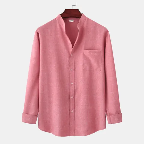 Chemise Décontractée pour Hommes à Col Officier Manches Longues Mélange de Coton Couleur Unie Coupe Slim Texture en Lin Respirant