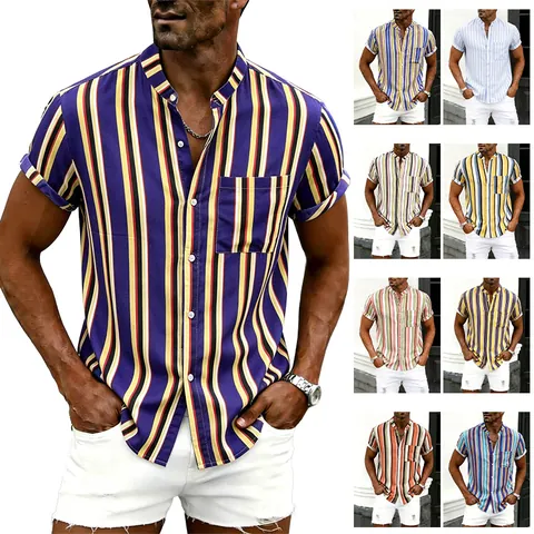 Men's Casual Cotton Striped Short Sleeve Shirt Stand Collar Hawaiian Ethnic Style Summer Printed Top