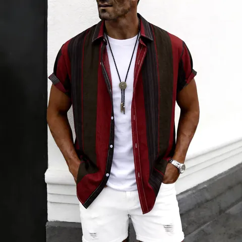 Chemise Décontractée en Coton à Rayures pour Hommes Mode Coupe Slim Revers Boutonné Imprimé Haut d'Été