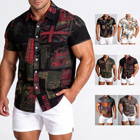 Men's Casual Hawaiian Short Sleeve Shirt Cotton Blend Printed Slim Fit Tropical Floral Vintage Button Down Top For Holiday