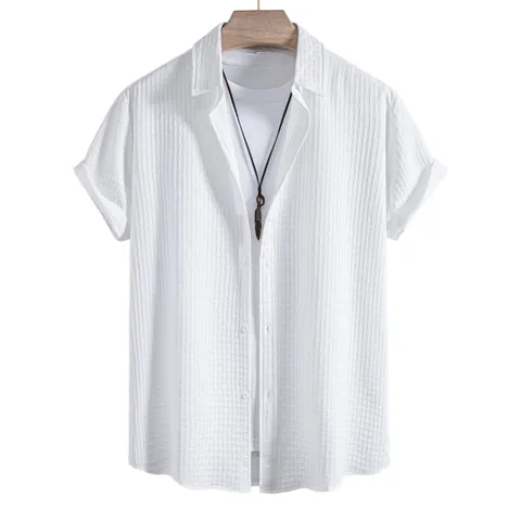Men Casual Short Sleeve Jacquard Shirt Stand Collar Solid Color Polyester Button Up Top Summer Fashion Clothing