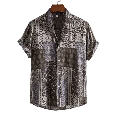 Men's Casual Short Sleeve Shirt Cotton Blend Tropical Floral Printed Top Summer Vacation Button Down Beach Shirt For Men
