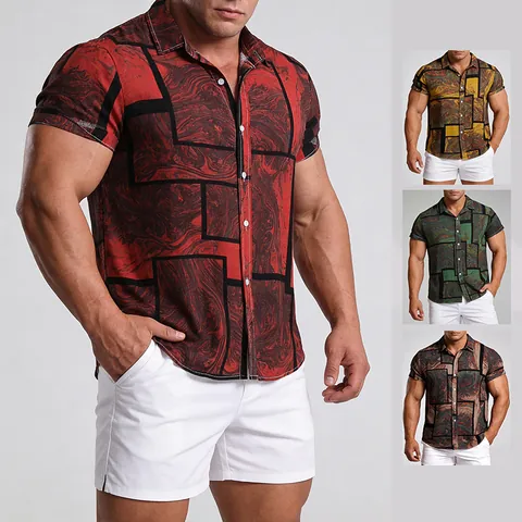 Herren Casual Hawaiian Print Baumwollmischung Hemd Kurzarm Lockere Passform Abstraktes Marmor Geometrisches Muster Top Für Urlaub Sommer Strand