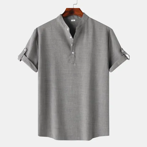 Chemise Décontractée en Polyester pour Hommes Col Montant Manches Courtes Coupe Slim Couleur Unie Henley pour Printemps Été