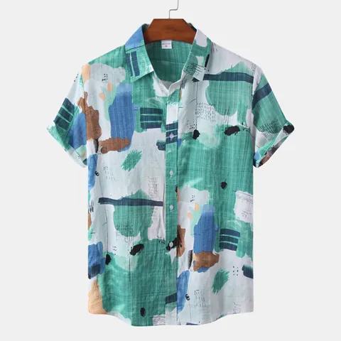 Men Casual Hawaiian Shirt Short Sleeve Polyester Printed Tropical Floral Stripe Beach Vacation Button Down Lapel Top