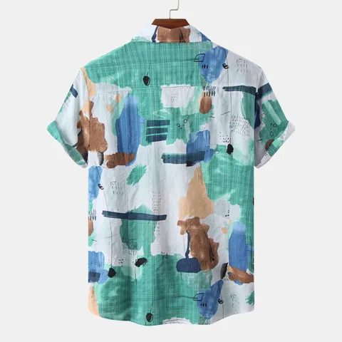 Heren Casual Korte Mouw Katoenen Overhemd Abstracte Kunstdruk Zomer Strand Hawaïaanse Stijl Button-Down Overhemd Voor Heren