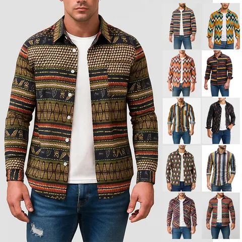 Camisa de Pana con Estampado Étnico Vintage para Hombre Manga Larga Solapa Botones Casuales Top Moda Otoño Patrón Geométrico Tribal
