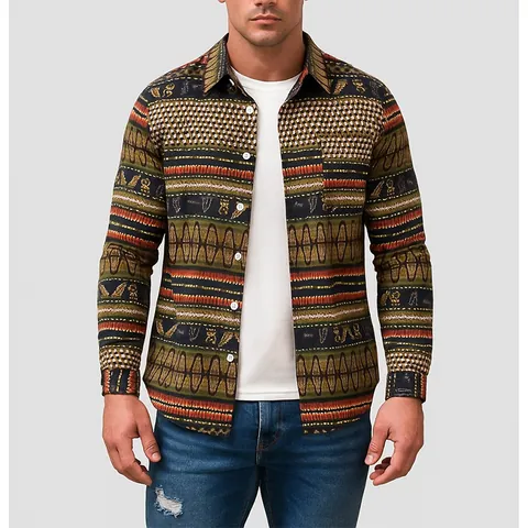 Camisa de Pana con Estampado Étnico Vintage para Hombre Manga Larga Solapa Botones Casuales Top Moda Otoño Patrón Geométrico Tribal