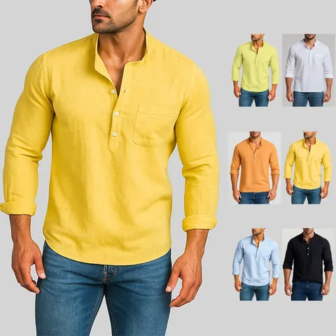 Camisa Casual de Mezcla de Lino para Hombre Vintage Henley Cuello Mao Manga Larga con Botones y Bolsillo Top Transpirable Ropa Verano