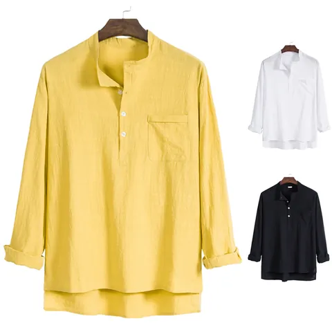 Camisa Casual de Mezcla de Lino para Hombre Vintage Henley Cuello Mao Manga Larga con Botones y Bolsillo Top Transpirable Ropa Verano