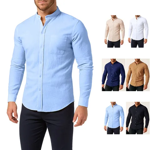 Chemise Décontractée pour Homme en Mélange de Coton Manches Longues Col Montant Couleur Unie Poche Boutonnage Simple Top Minimaliste Urbain Respirant
