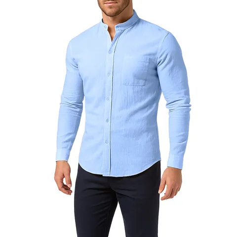 Chemise Décontractée pour Homme en Mélange de Coton Manches Longues Col Montant Couleur Unie Poche Boutonnage Simple Top Minimaliste Urbain Respirant