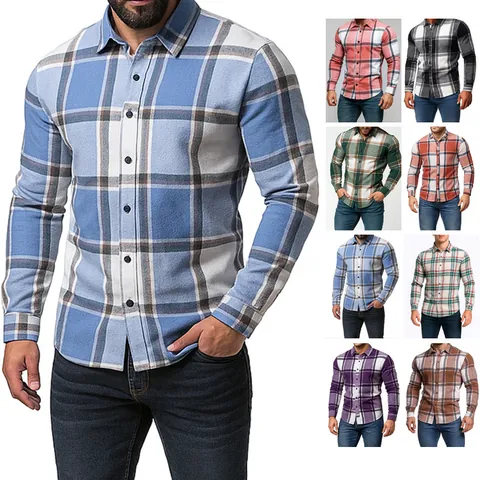 Camisa de Cuadros Para Hombre Manga Larga Mezcla Algodón Poliéster Engrosada Informal Ajuste Holgado Para Otoño Invierno
