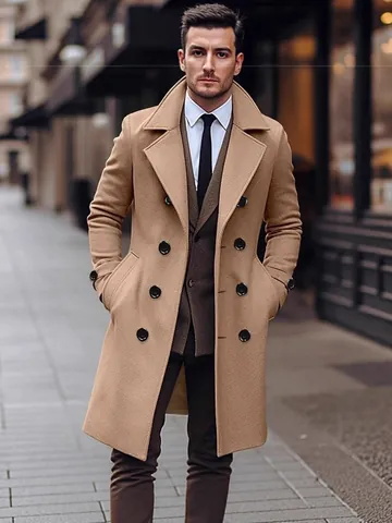 Herren Mittellanger Wollmantel Doppelreihig Slim Fit Trenchcoat Mode Casual Business Oberbekleidung Revers Winterjacke