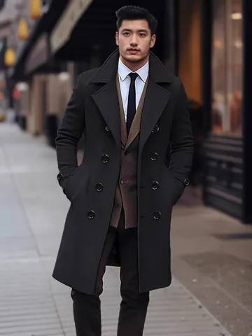 Herren Mittellanger Wollmantel Doppelreihig Slim Fit Trenchcoat Mode Casual Business Oberbekleidung Revers Winterjacke