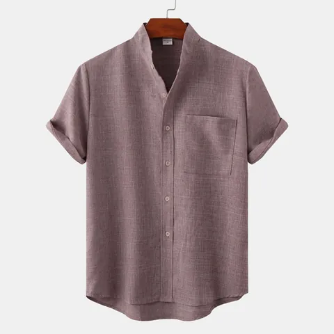 Men's Casual Short Sleeve Shirt Cotton Blend Mandarin Collar Solid Color Top Summer Vacation Daily Wear Button Up Shirt