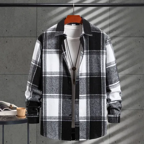 Camisa de Cuadros de Manga Larga para Hombre Informal Suelta de Franela de Poliéster Engrosada Moda Urbana Top para Hombre