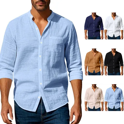 Chemise Décontractée en Mélange de Coton pour Homme Coupe Cintrée Couleur Unie Col Officier Manches Longues avec Poche