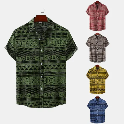 Heren Etnisch Geometrisch Totem Print Overhemd Korte Mouw Casual Zomer Retro Tribal Hawaiian Button Down Overhemd Grote Maat Strand Top