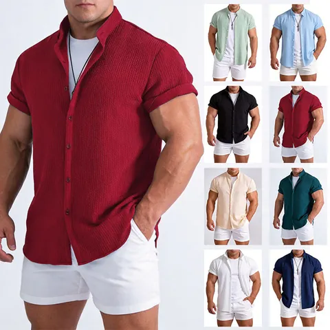 Men Casual Short Sleeve Shirt Solid Color Polyester Textured Seersucker Shirt Top Lapel Button Down For Summer Daily Wear