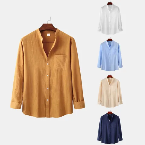 Chemise Décontractée en Mélange de Coton pour Homme Coupe Cintrée Couleur Unie Col Officier Manches Longues avec Poche