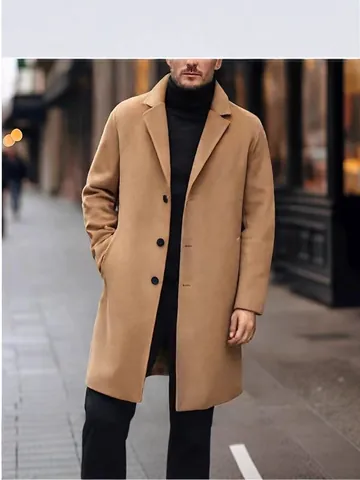 Men Casual Long Woolen Coat Slim Fit Over The Knee Single Breasted Notched Lapel Overcoat Business Casual Polyester Windbreaker Jacket