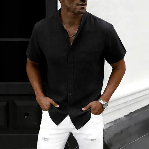 Camisa Casual de Verano para Hombre Mezcla de Algodón y Rayón Manga Corta Color Sólido Cuello Alto Top Con Bolsillo Estilo Coreano