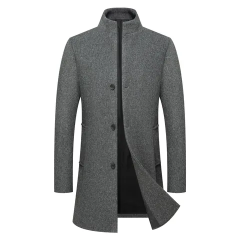 Men Mid-Length Woolen Overcoat Stand Collar Solid Color Thickened Business Casual Slim Fit Windbreaker Jacket For Autumn Winter