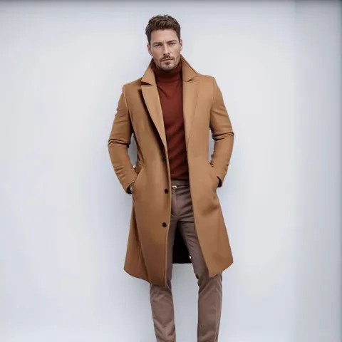 Men's Mid-Length Woolen Coat Solid Color Slim Fit Single Breasted British Style Thick Overcoat Winter Warm Windproof Jacket
